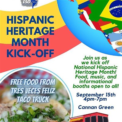You are invited to the Hispanic Heritage Month Kickoff!
—-
Wednesday, September 15th | 4:00 – 7:00 PM | Cannan Green!
—-
All W&L Students, Staff, and Faculty are Welcome!
 —-
National Hispanic Heritage Month is celebrated every year in the United States from September 15 – October 15.
—-
This is a time to celebrate and recognize the various nations, cultures, and people that make up the Hispanic and Latinx communities and their amazing achievements and contributions to the world!
—-
Why not start it off with some music, informational booths, food, and fun? Check out our flyer for more information. We hope to see you there!