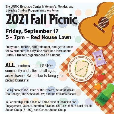 We are just 4 days away from our annual FALL PICNIC! Get excited, and keep your schedule clear this Friday from 5-7pm to stop by the Red House Lawn and get some food and mingle with your LGBTQ+ and allied faculty, staff, and students!

#wlulex #whywlu #wlu #lgbtq #lgbt #gay #pride #lesbian #queer #bisexual #transgender #trans #lgbtqia #lgbtpride #nonbinary #bi #pansexual #genderfluid #asexual #lgbtcommunity #lgbtqcommunity #queerpeopleofcolor #qpoc #queertranspersonofcolor #qtpoc