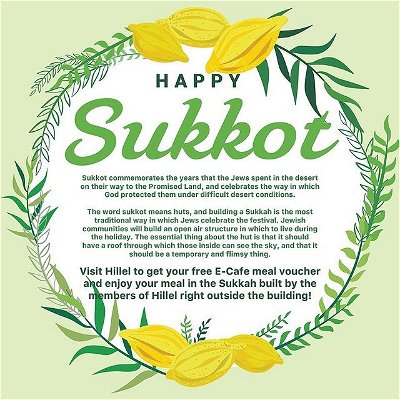 Sukkot commemorates the years that the Jews spent in the desert on their way to the Promised Land, and celebrates the way in which God protected them under difficult desert conditions.
 ——
The word sukkot means huts, and building a Sukkah is the most traditional way in which Jews celebrate the festival. Jewish communities will build an open air structure in which to live during the holiday. The essential thing about the hut is that it should have a roof through which those inside can see the sky, and that it should be a temporary and flimsy thing.
 ——
Visit Hillel to get your free E-Cafe meal voucher and enjoy your meal in the Sukkah built by the members of @wluhillel right outside the building!