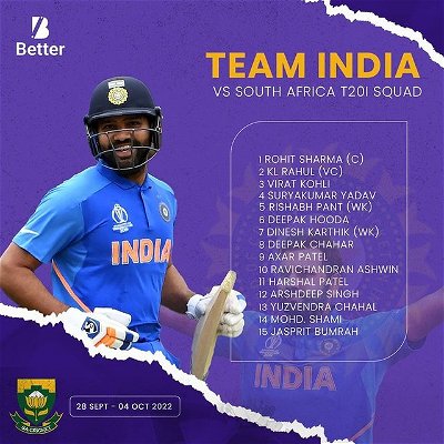India will host South Africa for a T20I series later this month. During the South Africa tour of India 2022, a three-match T20I series and a three-match ODI series will be played.

While Hardik Pandya is rested, Shami is included in the squad, Interestingly Shami hasn’t played a T20I since Rahul Dravid and Rohit Sharma took over from Ravi Shastri and Virat Kohli.

#BetterApp #betteropinions 
#worldcup #cricket #ipl #rohitsharma #viratkohli #msdhoni #icc #cricketlovers #india #pakistan #babarazam #psl #teamindia #dhoni #wc #indiancricketteam