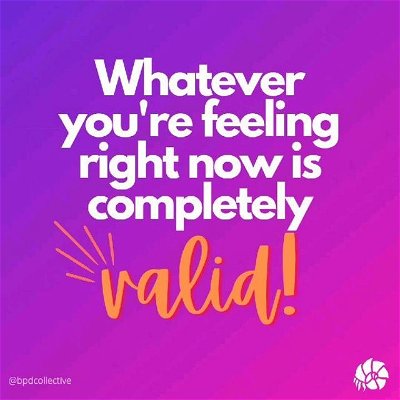 Feelings aren't inherently bad or good, all of them are valid! No matter the intensity. Don't let anyone tell you otherwise. You ARE NOT being over sensitive, anything you feel is valid. We can't control our emotions, we shouldn't try to. Our actions however, are something we can control.

Say it with me, YOU ARE VALID. YOUR EMOTIONS ARE VALID.

#borderline #bpd #bpdawareness #bpdawarenessmonth #mentalhealth #mentalhealthawareness #stigmafree #mentalhealthmatters #cptsd #borderlinepersonalitydisorder #borderlinecollective #traumahealing