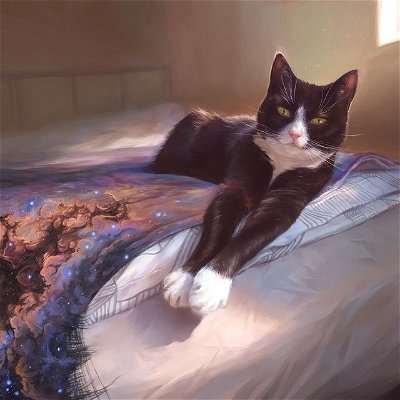 ✦ The wave returns to the cosmic ocean ✦

Here's a painting of my little baby Minchin/Mimi/Meems, who we lost on March 1st this year. 

She's been my friend since I was 10 years old; she's helped shape me into who I am. It's been very hard to adapt to her being here one day and gone the next - from tangible reality to a memory. She emerged from the universe and now has returned. A closed loop, a complete circle, forever crystallised in the past.

I've been working on this painting for weeks now, or rather avoiding finishing it. It's been a way for me to process my feelings somewhat. I ended up adding so much detail to this, partly because I wanted to recreate her entirely, as if I could make her real again. I have to say, grief is such a weird experience. Every so often I realise she's gone all over again as if I'd forgotten, thinking "how can this have happened?" and the wound reopens, like a slap in the face. I guess that's just how it is when the brain rewires itself to a new reality.

But I'm very glad for the almost 19 years I had with her, so many years of cuddles and her sunbathing and playing. We did all we could for her in the end. Her sendoff was probably close to the best outcome we could have asked for. I'll have to take her with me into the future, as a permanent part of myself :)

--

Gosh, my last post on here was January. It's been a while, hello again. I think the stress of Mimi being ill and then her loss has made making art quite hard for months now... But I'm starting to make more art again so hopefully more to post! 

🌌💙💜💖