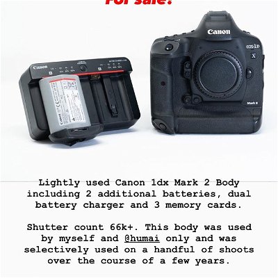 Selling my Canon 1Dx Mark 2 with 2 batteries, charger and 3 cards. 
$3000 for the full set but I’m down to consider offers. 
Hit me with any questions you have.