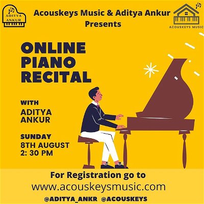 check link in bio @acouskeys_music 
Hey Calling out all the people who are learning keyboard and piano also wants to perform

Acouskeys Music and Aditya Ankur presents Online Piano Recital on 8th August at 2:30 PM IST.

how to Register?!

Go to link https://tinyurl.com/yhghu5xd

Fill up your Name ,Email id ,Whatsapp number and 2 songs which you are going to perform

#pianorecital #onlinepiano #keyboardshow #liveperform #playmusic #participate #musician #learnmusic #learnkeyboard #learnpiano #recital