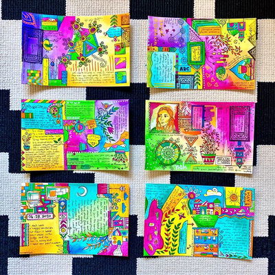 I started painting daily journal-y postcards last month. I am terrible at journaling but somehow really enjoy doing these because they are disjointed and chaotic and I’m not keeping them. It’s been one of the ways I’ve been coping with the current situation. My main goal was to put my watercolors to use again, and I love the lack of structure in these.

I have some more in production but the rate at which I’m creating them has slowed down in the past couple of weeks. I still have several addresses for people to send them to, but if you’d be interested in some colorful, messy art on a postcard at some point, please dm me your address. If I don’t make it to you this round, I may be able to some other time.