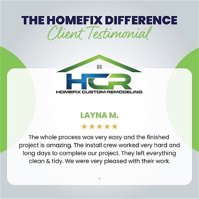 We love hearing from happy customers like Layna! 😍👏

 At Homefix Custom Remodeling, we take pride in delivering exceptional results and ensuring our clients' satisfaction every step of the way. 💙

#HomeFixRemodeling #CustomerTestimonial #HappyClients #ExpertInstallers #HomeMakeover #DreamHomeGoals #homefixcustomremodeling