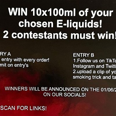 COMPETITION TIME‼️
Get yourself some free liquids! 
Can also choose to have your prize in disposable vapes if you prefer ‼️

#vapeuk #vapers #vaperscommunity #vapecommunity #vapersunited #ukvapers #ukvaperz #ukvapejuice #vapegiveaways #vapegiveawaycontest #vapegiveway