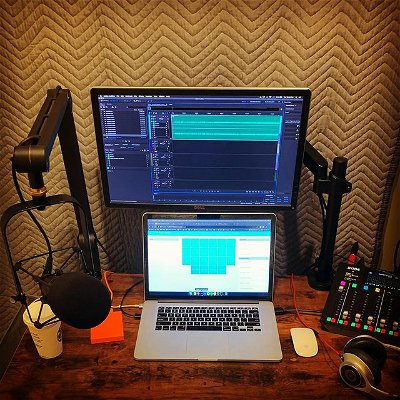 I’ve received a few questions about my recording setup so here it is. 

A 2015 MacBook Pro w/ Magic Mouse, Dell Monitor, 2GB Wd Passport, Rodecaster Pro, Beats Executive headphones (I know, but they’re so comfortable) Electrocvoice Re320 mic and Rode PodMic on Blue Compass Mic arms.  I edit using Adobe Audition, upload episodes to Anchor and use my custom sound board for my sound fx playback (Rode’s isn’t robust enough for me)🤫 

This setup is VASTLY simplified from my rigs in years past and far more automated than it’s ever been. (Starbucks cup added for scale, trendiness and/or judgement)

#podcast #podcastersofinstagram #podcasting #podcastlife
