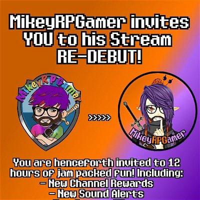 Get Your Invites Here!!!!!

This is your invitation to my 12hr Re-Debut party on Monday! and EVERYONE is welcome!

Monday 8th 10am-10pm BST
twitch.tv/mikeyrpgamer

#twitch #twitchaffiliate #streamer #ff7