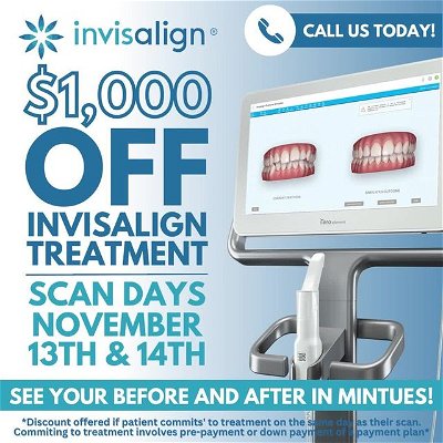 Join us for our Invisalign Scan days on November 13th and 14th! 🦷 

We are offering $1,000 off your Invisalign treatment when you commit on the day of your scan! You will be able to see your personal 3D results in minutes! 

Appointments are limited! Call us today to schedule your free scan!
828.274.1616

#AshevilleNC #AshevilleDentist #ZoeDental #zoeteam #Invisalign #freescandays #ScanDays #treatment #commit #3D #schedule #CallUs #CallUsToday #smiling #smile #JoinUs #SpecialOffer