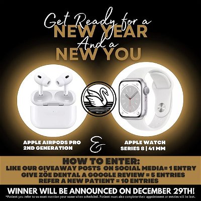 The New Year is just around the corner! 🎇 

From now until December 29th, you could have a chance to win Apple Airpods Pro | 2nd Generation AND an Apple Watch Series 8 | 41mm!

Here is how you can enter to win:
⚫ Like any of our giveaway posts on social media = 1 entry
⚫ Give Zöe Dental a Google Review = 5 entries
⚫ Refer a new patient = 10 ENTRIES

*The patient you refer must mention your name when scheduled! Patient must also complete their appointment or entries will be lost. Patients need to be referred to us between the months of October through December!*

The winner will be announced on December 29th!

#AshevilleNC #AshevilleDentist #ZoeDental #zoeteam #Giveaway #NewYear #NewYou #2024 #airpods #applewatch #GoogleReview #socialmedia #refer #AVL #winner #readysetgo See less