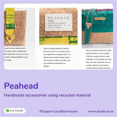 Sustainability but make it fashion ♻️👜

Presenting 🥁 @peahead.eco, a startup turning recycled plastic waste into a fashion statement with products such as bags, pouches, purses, and more accessories.

All their items are handmade and locally sourced sustainable materials.

You can even get a discount 💵 on your purchase if you provide the raw items for your product! (linen & cotton material)

Check their site out at www.buylocal.ae under the 'Eco-friendly' category.
⁣⁣⁣⁣⁣⁣⁣⁣⁣
❓ ❓ ❓⁣⁣⁣⁣⁣⁣⁣⁣⁣⁣
⁣⁣⁣⁣⁣⁣⁣⁣⁣⁣
What is @buylocal.ae?⁣⁣⁣⁣⁣⁣⁣⁣⁣⁣⁣
⁣⁣⁣⁣⁣⁣⁣⁣⁣⁣
Buylocal.ae is an online directory of local eCommerce sites in the UAE; a convenient place to explore local brands in one place 🙌⁣⁣⁣.⁣⁣⁣⁣
⁣⁣