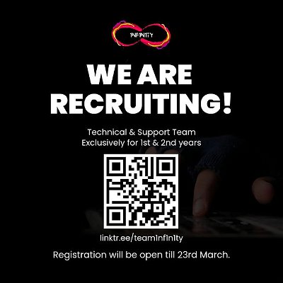 In a world of closed doors, we find the key. We thrive on solving complex problems and spotting vulnerabilities. 
If you are ready to open up new horizons in the world of cybersecurity and challenge yourself, we have a place for you in our team. Join our crew of passionate hackers and get a chance to prove your mettle.

Link to register: https://linktr.ee/team1nf1n1ty