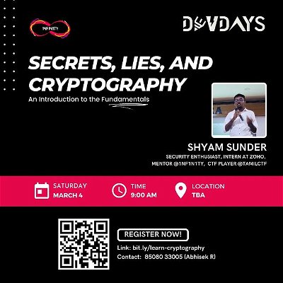 Unlock the mysteries of cryptography with our workshop on Secrets, Lies, and Cryptography! Join us as we delve into the fundamentals of this fascinating topic and learn how to keep your secrets safe. Don't miss out on this opportunity to expand your knowledge and enhance your skills!

Register now: bit.ly/learn-cryptography

#CryptographyWorkshop #SecretsAndLies #FundamentalsOfEncryption