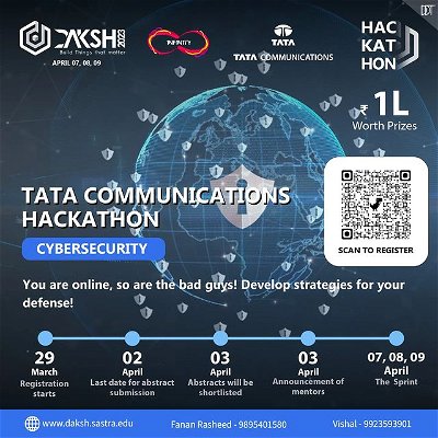 Here is TATA COMMUNICATIONS' Cybersecurity Hackathon! Unleash your talents to defend the online world! Develop defense tactics and become a hero to millions of people.

#daksh2k23
#sastrauniversity
#tatacommunications
#hackathon
#cybersecurity #techfest #interclg #vasudhaivakutumbakam