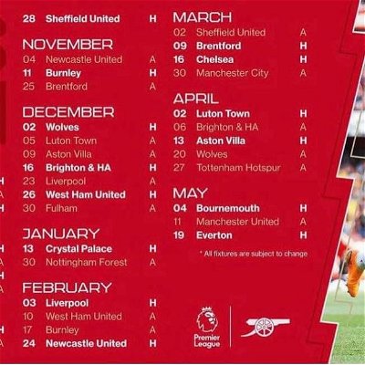 Here it is. 2023-2024 Men’s fixture list. Champions League fixture still pending which will affect some of these match days. In any case, all matches will be at The Tavern. 🫶🏽🫶🏽🫶🏽

COME ON YOU GUNNERS!!!

#coyg🔴⚪️ #wwwatx #do512 #austin #atx #keepaustingooner #austingooners #arsenalfc