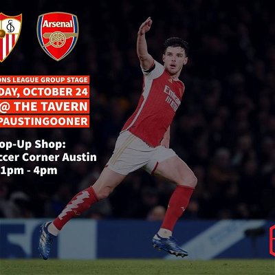 We are back to Champions League tomorrow, Tuesday afternoon, as the Gunners travel to Spain to take on Sevilla at 2pm. This will mark the halfway point of the group stage, and with 1st place on the table still up for grabs, this is an important one…

🚨 The Soccer Corner Austin will join us during the match, and they’ll be setting up a Pop-Up Shop! They’ll be around from 1-4, so arrive before the match and see what’s being offered. Lots of Arsenal and Arsenal Player National Team gear up for grabs at solid discounts!! 🚨 

COME ON ARSENAL!! 

⚽️: Sevilla v Arsenal 
🗓️: Tuesday, October 24
⏰: 2:00pm
🏟️: Estadio Ramón Sánchez Pizjuán, Sevilla, Spain
🍻: @the_tavern_atx 
📍: 12th and Lamar 
📺: Paramount+ 

#wwwatx #do512 #keepaustingooner #austingooners #austin #texas #atx #arsenalfc #coyg🔴⚪️ #listo #redarmy #arsenalamerica #northlondonisred🔴🔴🔴 #texasisred #comeonarsenal🔴⚪️🔴