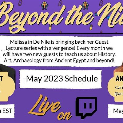 The second month of the Beyond the Nile Guest lecture series is here!
So excited to announce lecture with @wedgie_bce which is THIS Saturday! And then later this month @achittywood is coming to tell us more about here research in the Caribbean!
More information to come!

#melissaindenile #egypt #egyptology #egyptologist #ancientegypt #education #educator #lecture #guestlecture #guestlecturer #twitch #twitchlecture #archaeology #history