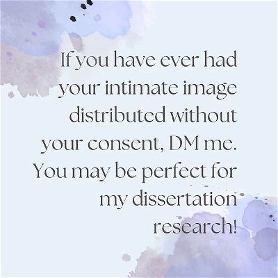 While season 2 is still on hold, I'm beginning my dissertation process. 

If you have ever had your intimate images  shared without your consent, you may be a candidate for my research. DM me if you would like to participate. This will not begin until next year (2023). 

#imagebasedabuse #consent #dissertation #phd #participants