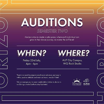 Our semester 2 auditions are coming up! If you’re interested in joining the performance team then don’t miss out on this 😁 Nothing needs to be prepared beforehand, just bring a water bottle, yourself and a positive attitude! 
-
-
-
WHEN: Friday 23rd July, 4-6pm
WHERE: WQ Building, Rock Studio
Cost: Free!
-
-
-
Hope to see some new faces there! 🕺🏼☺️