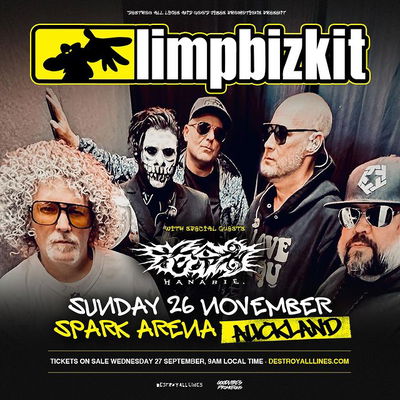 KEEP ON ROLLIN' BABY YOU!!! KNOW WHAT TIME IT IS!!!

Break out the red caps and get ready to rock, because @limpbizkit is back and ready to bring the house down in Auckland! 

We're thrilled to announce that the legendary rap-rock pioneers will be headlining an unforgettable night at the Spark Arena on November 26th, 2023. And that's not all – they'll be joined by the explosive energy of @ha_na_bie_ as the supporting act, promising a night of pure adrenaline and unforgettable music.

PRESALE BEGINS MONDAY 25TH SEPTEMBER - 9AM NZST
SIGN UP FOR PRESALES --> LINK IN THE BIO
GENERAL PUBLIC TICKETS ON SALE WEDNESDAY 27TH SEPTEMBER - 9AM NZST

Bought to you by @destroyalllines & @goodvibespro420 

Get ready to break stuff, because this night is going lit

LIMP BIZKIT w/ HANABIE
SUNDAY 26TH NOVEMBER 2023
SPARK ARENA, AUCKLAND AOTEAROA