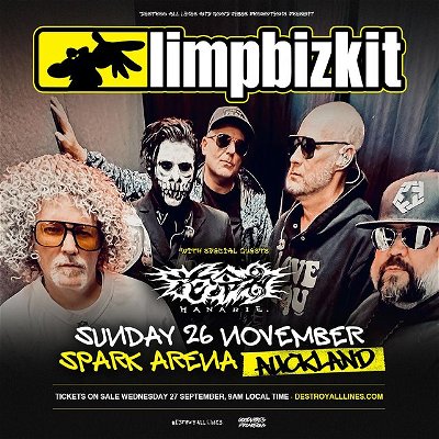 🎟️PRESALES LIVE NOW!🎟️

ICYMI Nu-metal giants Limp Bizkit are returning to Aotearoa for the first time since 2018. Joining them are Japanese up-and-comers @Hanabie. from JP 
This one-night-only event on November 26th at Spark Arena is not to be missed.

Bought to by the legends at Destroy All Lines & Goodvibes Promotions 

Don't have a link? Sign up here --> https://daltours.cc/LBNZ
Presales End 8am NZDT Wednesday 27th September
General Ticket Sales Start 9am NZDT Wednesday 27th September.