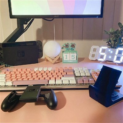 hi everyone! 
i hope you all have had a great week so far 🫶🏼
about to settle into some #nintendoswitchgames 
my amazing man made me a stand
using his 3D printer ✨🌱

——
🏷️
#nintendoswitch #cozygaming #3dprinting #switchstand #mechanicalkeyboard #keebs #gamersofinstagram #gamergirl #cozygamer #deskgram #desksetup #cozydesksetup #gamingcommunity #gamingsetup #gaminglife #deskspace #cozygamingcommunity #cozygamergirl #pcgaming #pcgamer #pcgamingsetup