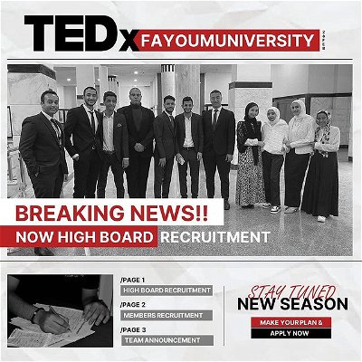 ''Our Last journey had been made and another one is about to start.'' 🚀 

❌ TEDxFayoumUniversity is looking for highly skilled and effective leaders for Highboard Recruitment.
Apply through this link:
https://forms.gle/9zQD9fVbh3vveEt66
DEADLINE! 11:59pm, Monday, 6th March 2023.

Read our proposal to know more about us 📑
https://drive.google.com/file/d/1wsIg-jU8NWu020tgK19R6gVB7x_02wHS/view?usp=sharing

#recruitment #highboard #TEDx #studentactivities