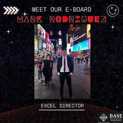 Welcome our BASE Excel Director: Mark Rodriguez🎉

Hi everyone! My name is Mark Rodriguez I’ll be joining as Excel Director! I’m currently a junior pursuing a double major in Supply Chain and Finance.

Some of my hobbies are discovering  at least one new song (ANY genre) every day, binge watching tik tok, and playing 🏐⚽️♟🎸!

I hope that we’ll all become more proficient with Excel through BASE as the semester progresses. Hope to see you all!