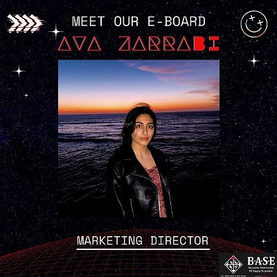 Welcome our BASE Marketing Director: Ava Zarrabi🎉

Hi everyone! My name is Ava and I am Marketing Director for BASE. I am currently a sophomore pursuing a double major in Marketing and Supply Chain Management 

I enjoy hiking, traveling, going on spontaneous adventures, trying new recipes/cuisines, finding new music, taking trips to the city, capturing cool shots with my camera, and editing them

I am looking forward to all our upcoming events this semester and hopefully meeting new members!
