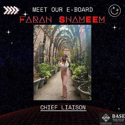 Welcome our BASE Chief Liaison: Farah Shameem🎉

Hey guys my name is Farah im a Junior at RBS. My major is supply chain management and I’m the chief liaison for BASE. I’m looking forward to meeting everyone this semester!