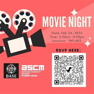 Hello BASE👋🏽 

You are invited to join us on February 24 2:30-3:50 at RBS in Room 402 to watch a romantic comedy movie while enjoying popcorn and a beverage 🍿🥤

You do not want to miss out🎥

RSVP with the QR code or link in our bio!