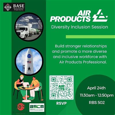 Hey BASE People! 🙌 

Exciting news - Join us for an insightful event as we welcome professionals from Air Products to discuss about the diversity inclusion. Connect with the professionals and gain valuable insights from experts in their field. You won't want to miss it! 😌

Be sure to RSVP to secure your spot.

 Date: April 24th
🕛 : 11:30 AM - 12:50 PM
📍 :  Location: RBS 502