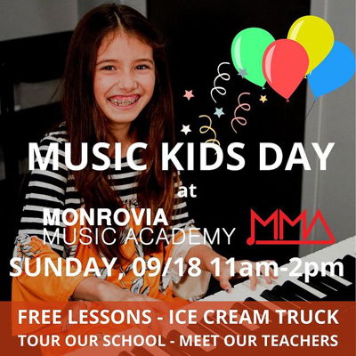 Join us for Monrovia Music Kids Day!
Join us on Sunday, September 18th from 11am-2pm for a day of music and fun at the Monrovia Music Academy! We are located at 136 W Lime Ave, Monrovia, CA 91016 (across from Library Park).
Meet our teachers, staff, tour our school and try out a FREE 30min lesson! Plus we will have an ice cream truck that will serve delicious ice cream free of charge!
Anyone who signs up for lessons during the event will be entered into a raffle with the chance to win one month of free music lessons!
We expect it to be a busy event and we recommend anyone who is interested in trying out a free lesson to reserve their lesson time prior to the event. To reserve your trial lesson for our MUSIC KIDS DAY, please use the link below.
https://monroviamusic.opus1.io/w/musickidsday
Questions? Call/Text (626) 408-8622
Hope to see you there!