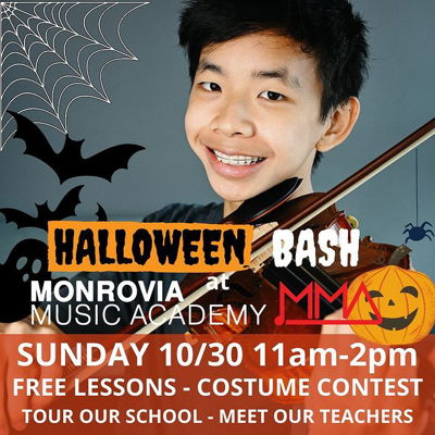 Join us for our Monrovia Halloween Bash!
After having a very busy Music Kids Day, we decided to do another event just in time for Halloween!
Join us on Sunday, October 30th from 11am-2pm for a day of music and fun at the Monrovia Music Academy! We are located at 136 W Lime Ave, Monrovia, CA 91016 (across from Library Park).
Meet our teachers, staff, tour our school and try out a FREE 30min lesson! Plus we will have lots of candy and a costume contest! Anyone who signs up for lessons during the event will be entered into a raffle with the chance to win one month of free music lessons!
We expect it to be a busy event and we recommend anyone who is interested in trying out a free lesson to reserve their lesson time prior to the event. To reserve your trial lesson for our MUSIC KIDS DAY, please use the link below.
https://monroviamusic.opus1.io/w/halloweenbash
Questions? Call/Text (626) 408-8622
Hope to see you there!