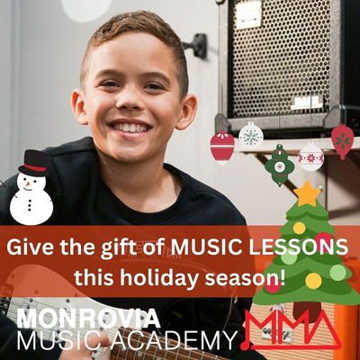 Are you looking for a gift that lasts forever?

If you do, look no further!
What could be a better gift than giving the gift of music (lessons)?

We offer Holiday Music Lesson packages that allow you to purchase a certain amount of lessons (4, 8 or 12 lesson) as a gift for a loved one (or for yourself!).
The lessons can be scheduled one at a time or on a recurring schedule. Lesson credits never expire!

To purchase your holiday gift, visit monroviamusic.com/holidaygifts