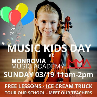 After opening our doors in June of last year, we have been very busy with more than 250 students currently enrolled! Because our Music Kids Days have been very popular in the past, we decided to organize another event.
Join us for Monrovia Music Kids Day!
Join us on Sunday, March 19th from 11am-2pm for a day of music and fun at the Monrovia Music Academy! We are located at 136 W Lime Ave, Monrovia, CA 91016 (across from Library Park).
Meet our teachers, staff, tour our school and try out a FREE 30min lesson! Plus we will have an ice cream truck that will serve delicious ice cream free of charge!
Anyone who signs up for lessons during the event will be entered into a raffle with the chance to win one month of free music lessons!
We expect it to be a busy event and we recommend anyone who is interested in trying out a free lesson to reserve their lesson time prior to the event. To reserve your trial lesson for our MUSIC KIDS DAY, please use the link below.
https://monroviamusic.opus1.io/w/musickidsday
Questions? Call/Text (626) 408-8622
Hope to see you there!
