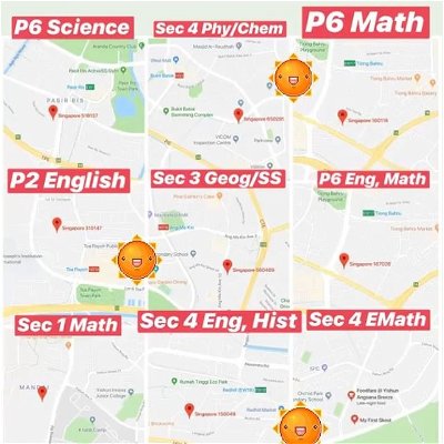 Assignment code: P195, Location: 518137 (Pasir Ris)
Level & Subject: Pri 6 Science
Tuition freq: 1 lesson/week x 1.5h
Special request: need firm but patient tutor to help with question answering techniques
;
Assignment code: S220, Location: 650291 (Bukit Batok)
Level & Subject: Sec 4 Combined Sci(Phy/Chem)
Tuition freq: 1 lesson/week x 1.5h, $30/h
;
Assignment code: P196, Location: 160116 (Tiong Bahru)
Level & Subject: Pri 6 English, Math
Tuition freq: 1 lesson/week x 1.5h, $25/h
;
Assignment code: P197, Location: 167026 (Tiong Bahru)
Level & Subject: Pri 2 English
Tuition freq: 1 lesson/week x 1.5h
Special request: MOE teacher, Full-time Tutor or Uni Graduate. Mainly focus on English composition
;
Assignment code: S221, Location: 310147 (Toa Payoh)
Level & Subject: Sec 3 Combined Geography, Social Studies
Tuition freq: 1 lesson/week x 1.5h
Special request: Chinese female. Full timer with degree in Geog
;
Assignment code: P198, Location: 560469 (Ang Mo Kio)
Level & Subject: Pri 6 English, Math
Tuition freq: 1 lesson/week x 2h, $35-40 per session
;
Assignment code: S222, Location: 150049 (Tiong Bahru)
Level & Subject: Sec 1 Math
Tuition freq: 1 lesson/week x 1.5h
;
Assignment code: S223, Location: Euphony Gardens (Yishun)
Level & Subject: Sec 4 NA English, History (Combined)
Tuition freq: 1 lesson/week x 1.5h 
Special request: young tutor, to motivate in studies, priority is english
;
Assignment code: S224, Location: 763509 (Khatib)
Level & Subject: Sec 4 EMath, Combined Sci(Chemistry)
Tuition freq: 1 lesson/week x 1.5h