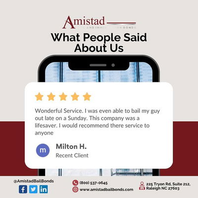 We're so grateful for the kind words from Milton H. about our bail bond services! 

We're dedicated to providing our clients with exceptional service, no matter the day or time. We're glad we could be there for you when you needed us most, Milton. 

Thank you for trusting us to help you bail out your loved one. If you or someone you know needs bail bond assistance, don't hesitate to reach out to us. 

We're here to help! 

#AmistadBailBonds #BailBonds #ImmigrationBonds #WakeCounty #NorthCarolina #AmistadBailBonds #TrustedServices #FastResponse #PaymentPlans #FreeConsultation #Dependable #Trustworthy #Caring #24HoursService #LicensedBailAgents #ProfessionalServices #LegalHelp #BailProcess #LegalAdvice #LegalSupport #Justice #LegalAid #LegalAssistance #immigrationstatus #knowyourrights #amistadbailbonds