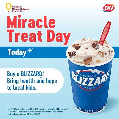 Today is the day! It's Miracle Treat Day! One dollar of every Blizzard sold at our store today will be donated to Oishei Children's Hospital of Buffalo. #buffalo #oisheichildrenshospital #miracle #treat #day