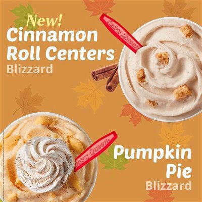 What’s better than one Blizzard of the Month? TWO BLIZZARDS OF THE MONTH! Pumpkin Pie and the new Cinnamon Roll Centers, available now 😍