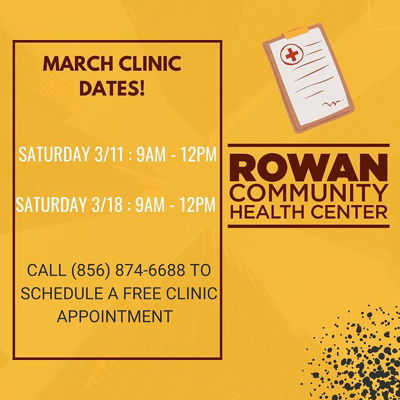 The Rowan Community Health Center will be open for the month of March from 9am-12pm on 3/11 and 3/18. We will be staffed with volunteer physicians and medical students from Rowan-Virtua School of Osteopathic Medicine to provide a wide array of medical care, such as general physical exams, eye exams, referrals to specialists, and more.

To make an appointment, call (856)874-6688! Walk-ins are always welcome! #RowanSOM #RCHC #clinic