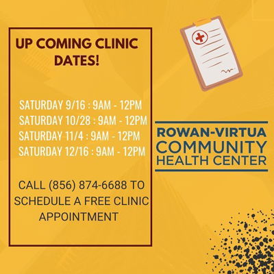 The Rowan Community Health Center will be open again for this Fall! The times will be 9am-12pm on 9/16, 10/28, 11/4, and 12/16. We will be staffed with volunteer physicians and medical students from Rowan-Virtua School of Osteopathic Medicine to provide a wide array of medical care, such as general physical exams, eye exams, referrals to specialists, and more.

To make an appointment, call (856)874-6688! Walk-ins are always welcome! #RowanSOM #RCHC #clinic