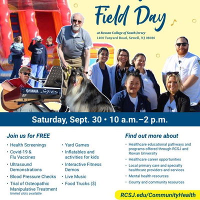 Mark your calendars for Saturday, Sept 30th for the second annual a community Health Field Day. Rowan Virtua Community Health Clinic will be offering FREE health screenings and a variety of other health resources for the community. There will be other organizations from the county as well. In addition there will be fun games, live music, and food trucks! 

Join the fun from 10am -12PM  at Rowan College of South Jersey