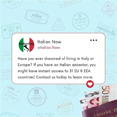 Do you have an Italian grandparent, or even a great-great grandparent? If so, your dreams of moving to Europe might be closer than you think… schedule a free consultation today!

#italy #italiancitizenship #juresanguinis #EUcitizenship #AmericanExpats #dualcitizenship