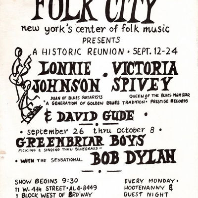 September 26, 1961: New York Times reporter Robert Shelton attends the opening night of a two-week Dylan residency at Gerdes Folk City. Dylan is supporting The Greenbriar Boys and plays two sets each night. After his first set Shelton interviews Dylan and then writes an enthusiastic review concentrating predominantly on Dylan.