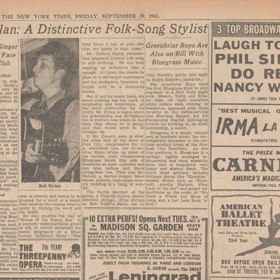 September 29, 1961: The New York Times publishes the first major review of Bob Dylan. Journalist Robert Shelton, who wrote the enthusiastic piece, wrote one of the first Dylan biographies, No Direction Home: The Life and Music of Bob Dylan.