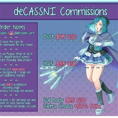 ✨2022 Commission Sheet✨
More Info + Order Template: decassni.carrd.co⁡
⁡
💙 Paypal, Stripe + Ko-fi available - USD Only
💙 6 slots
💙 Revisions free during sketch stage
💙 No rush orders

DM or email me for inquiries ~💌⁡
⁡⁡.⁡
I procrastinated on this for so long bcuz I was struggling with the T&C for my Carrd lol - but here are the official prices!⁡
⁡.
#commissions #commissionsheet #commissionopen #artcommission #commissionart #art #twitchemotes #twitch #twitchemoteartist #decassni #decassni_art