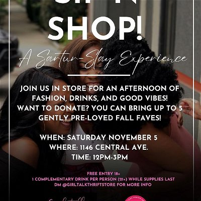 You ready for a sweater weather sis? Come shop with us in store tomorrow from 12 PM to 3 PM. Enjoy a complementary drink, music, good vibes, and fashion with your favorite thrifties! You’ll have access to a special discount in store only. Sizes Small-3x in select styles available. 🛍

Looking to donate? You can bring up to five (5) gently loved fall items. 🥳

Free entry, drinks while supplies last.

DM us for more info!

#thrift #curvyfashion #plussizefashion #pinkpowderroombeauty #girltalkthrift