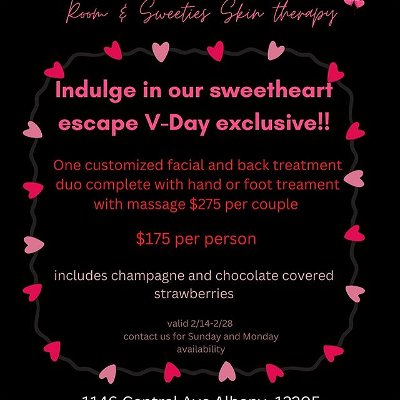 Oh you thought the raffle was gonna be it???!!!!!! 
💕
💕 @sweeties_skin_therapy  @heressenceyonispa  and PPR have teamed up to bring more heat! 🔥
Check out our one of a kind Heart day specials to make you and your special someone feel extra loved on!! 
❤️❤️ 
Click the link in the bio to book your date night because it’s happening the 14-28th only!!!
✨ Select  Sundays will be available upon request. ✨

#albanyny #valentinesday23 #colonieny #lathamny